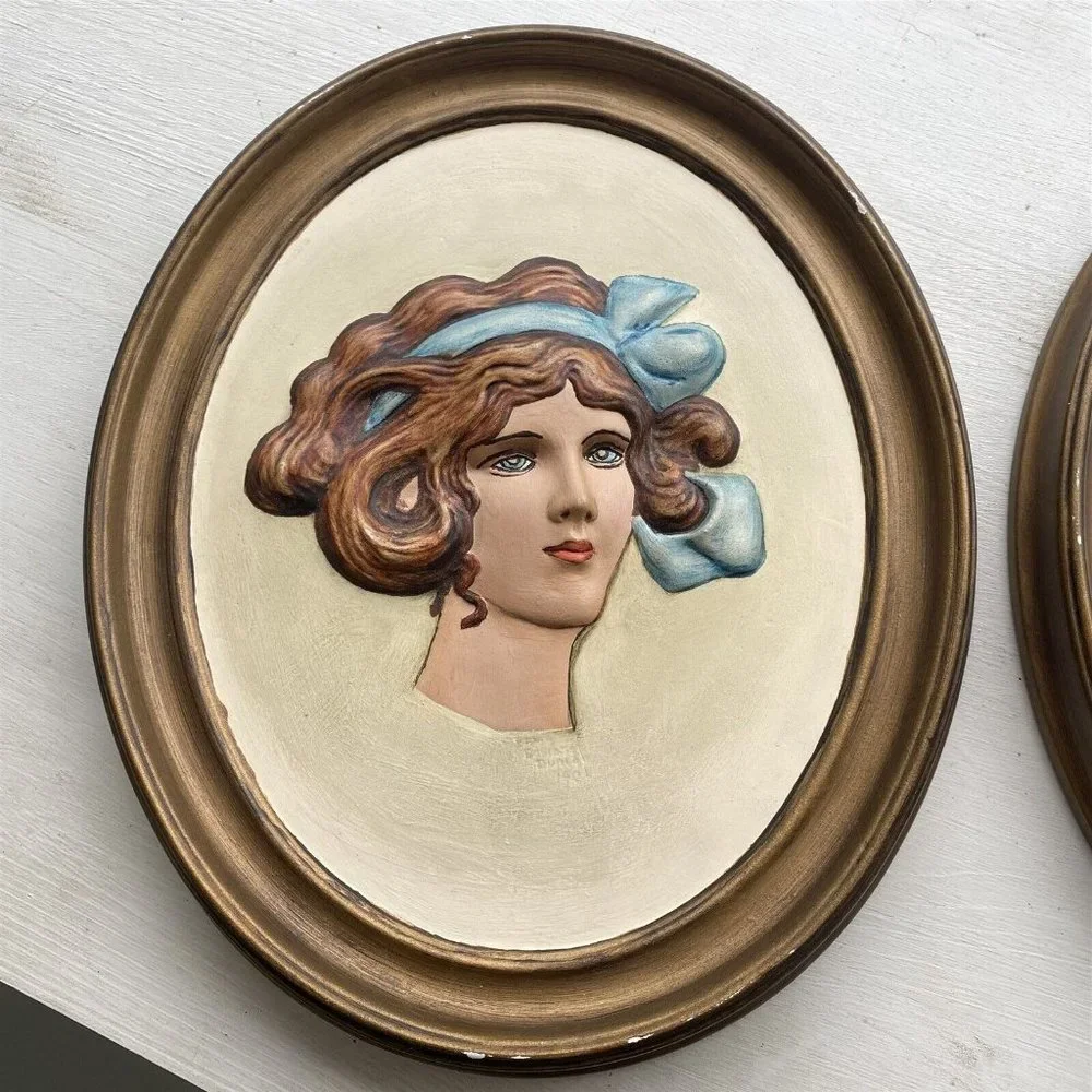 Vintage DUNCAN CERAMIC Lovely Lady Wall Plaque Erma Gilliland Set of 2 Cameo
